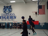 Basketball team at pep rally